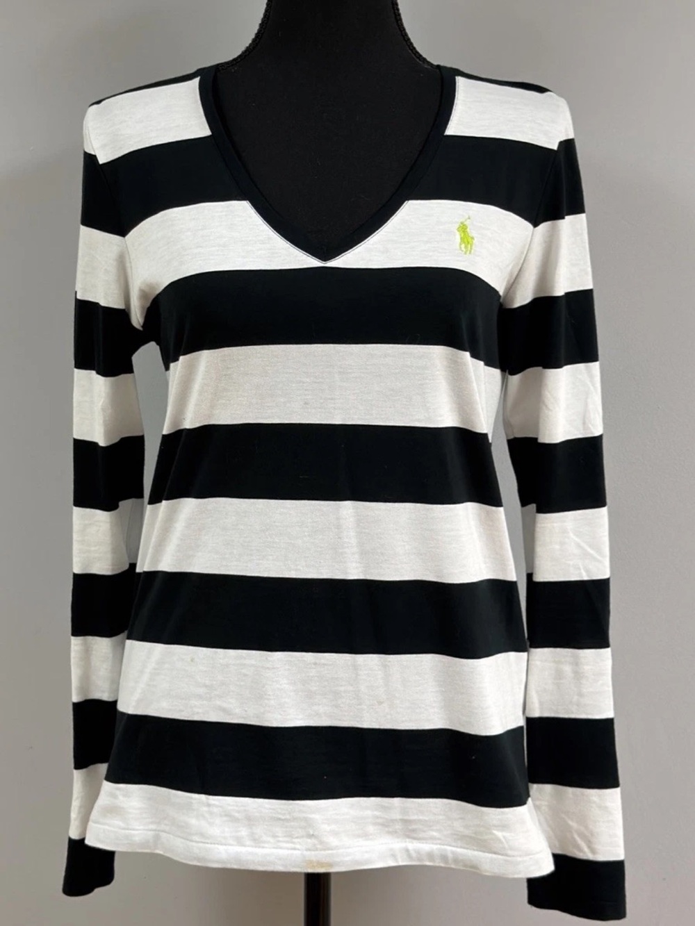 Ralph Lauren Polo Sport Women V Neck Long Sleeve Black/White Stripes Size M